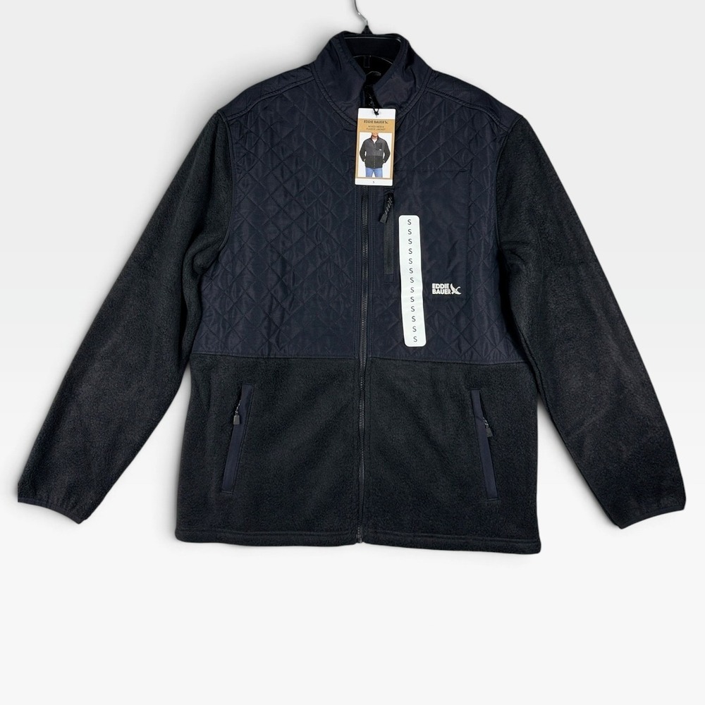 Eddie Bauer Mixed Media Fleece Jacket Mens Small Black Quilted Hybrid NWT